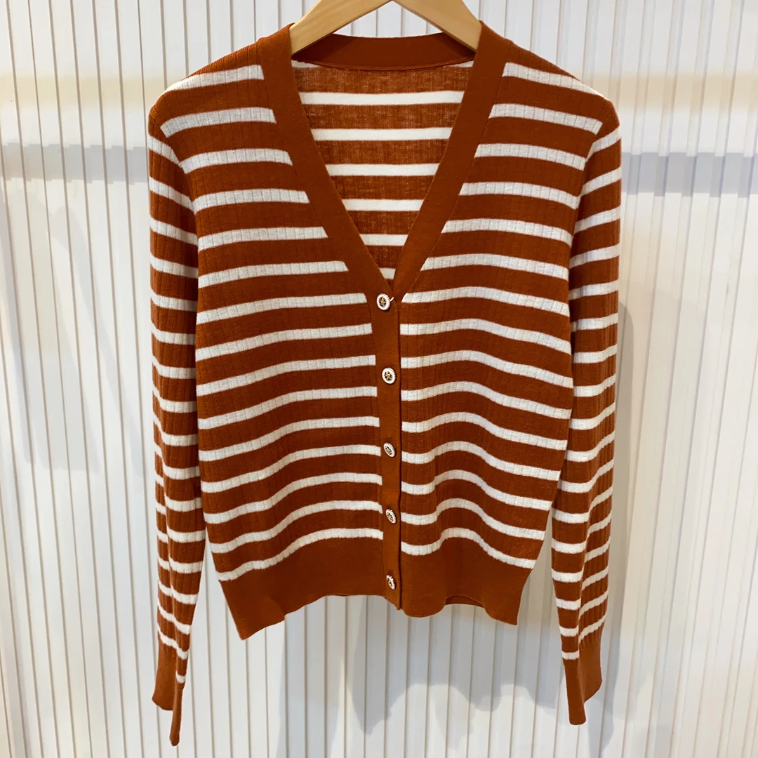 极简条纹长袖简约针织女装开衫（30W031）