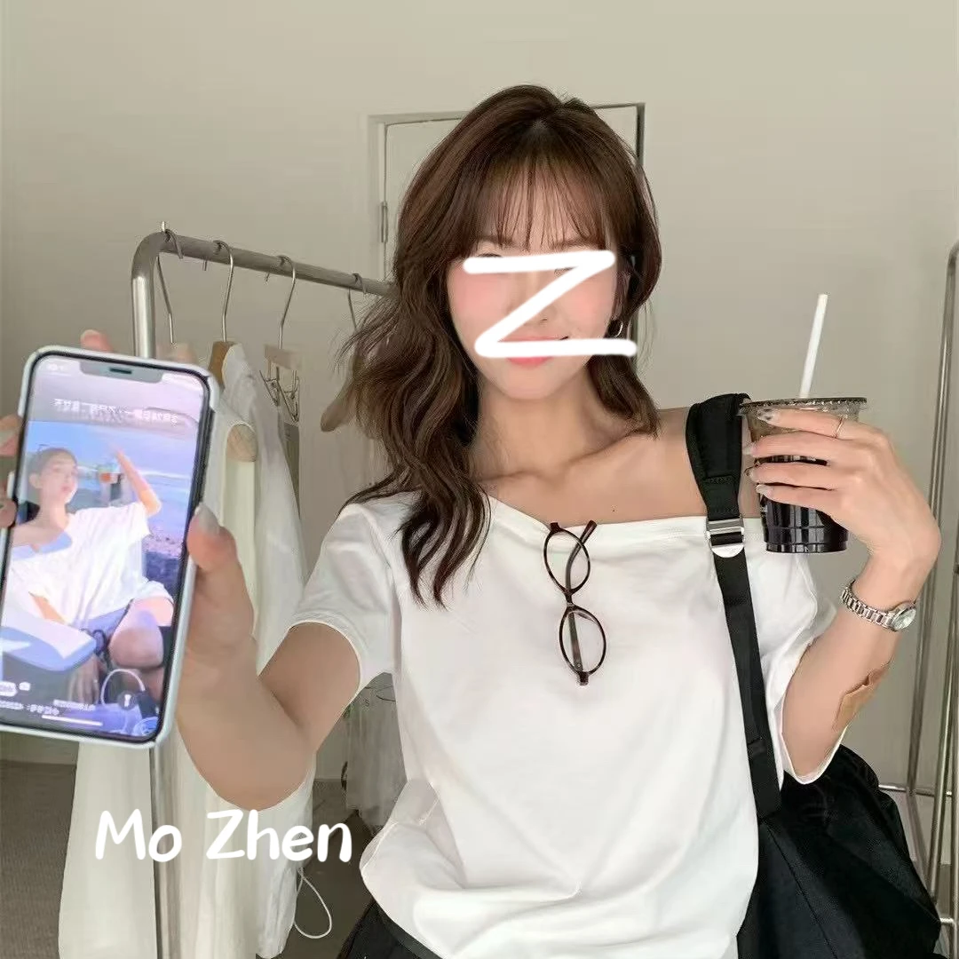 【墨臻精选】夏季新款斜肩时尚个性经典宽松型T恤 2515