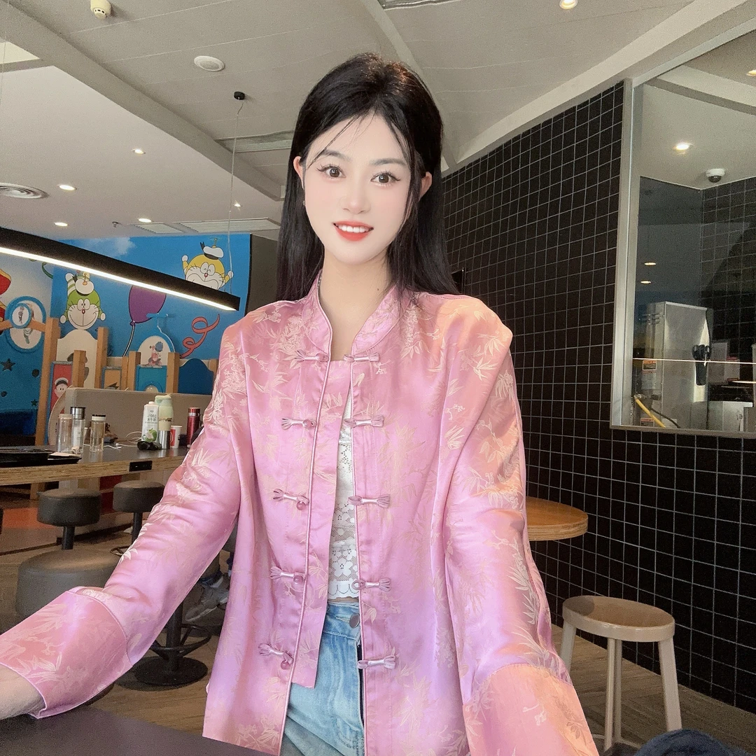 【银竹】新中式气质时尚显瘦织锦立领手工盘扣暗纹小衫