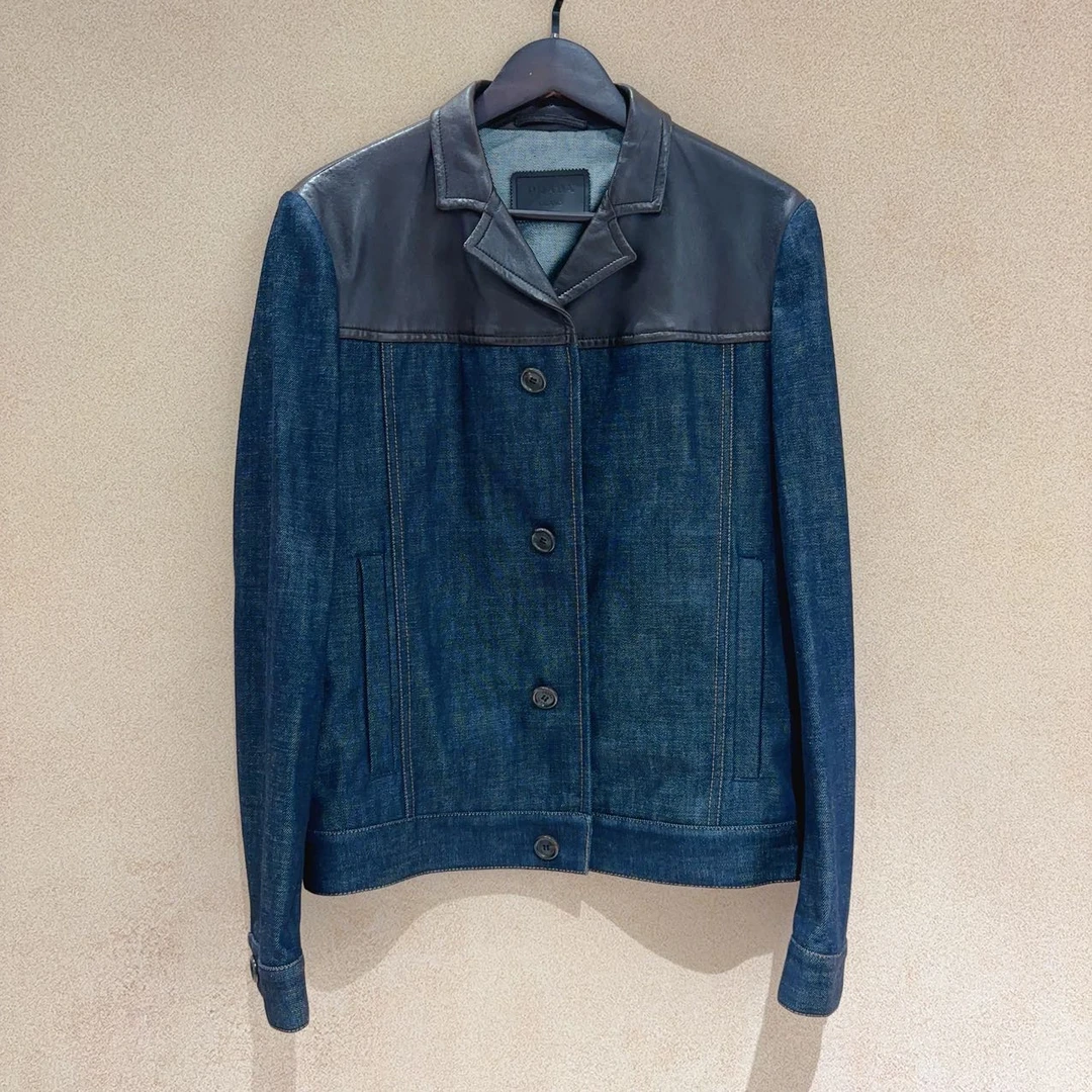 99新 Prada/普拉达 蔚蓝/牛仔拼皮外套 男女同款 牛仔蓝 46码
