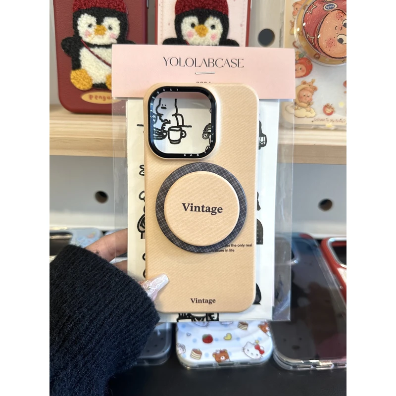 ins简约纯色格纹磁吸支架适用于苹果16promax手机壳iPhone15菲林