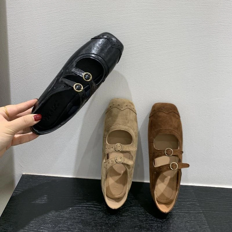 复古法式简约风2025秋季新款方头磨砂一字扣平底百搭平底圆头单鞋