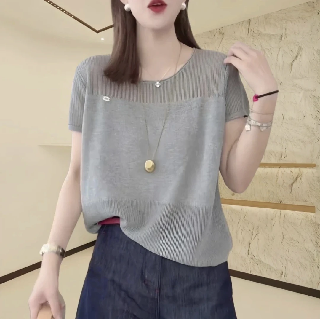 2025夏季新款休闲简约纯色百搭宽松显瘦洋气时尚薄款针织短袖t恤