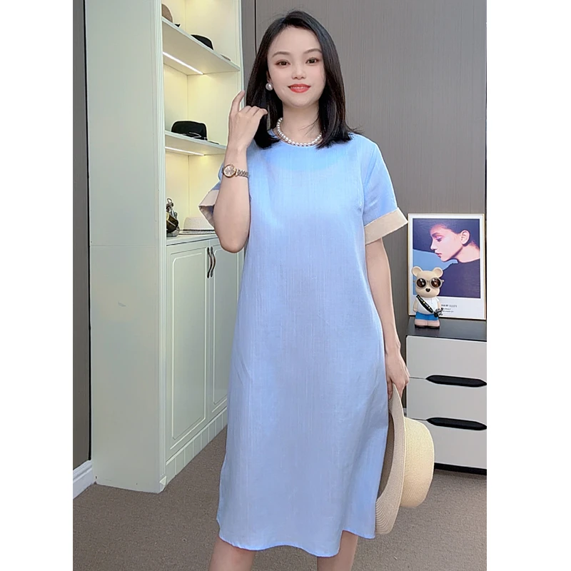 天丝亚麻连衣裙女夏季2025年新款纯色宽松减龄遮肚子A字裙子