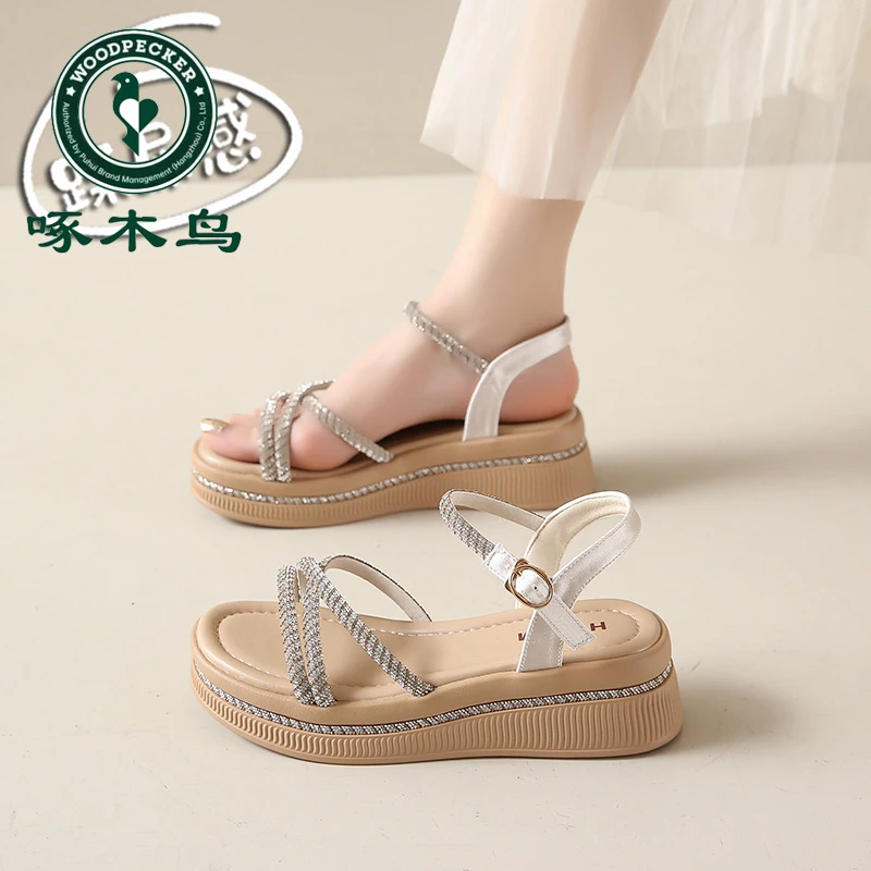 啄木鸟时尚坡跟凉鞋女2025新款夏季外穿厚底配裙子罗马鞋软底海边