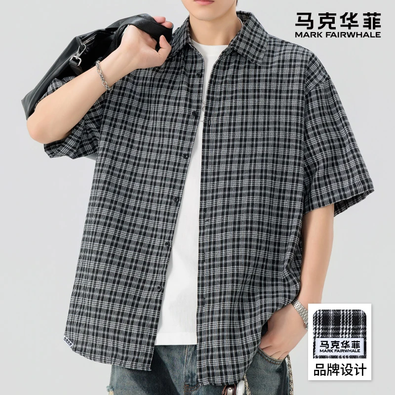 马克华菲格子短袖衬衫男士夏季薄款透气宽松翻领休闲百搭半袖衬衣