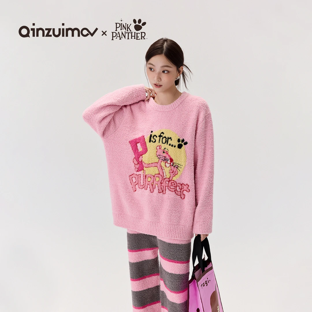 亲嘴猫【粉红豹】时尚半边绒女士秋冬季睡衣加厚套装家居服宽松外穿