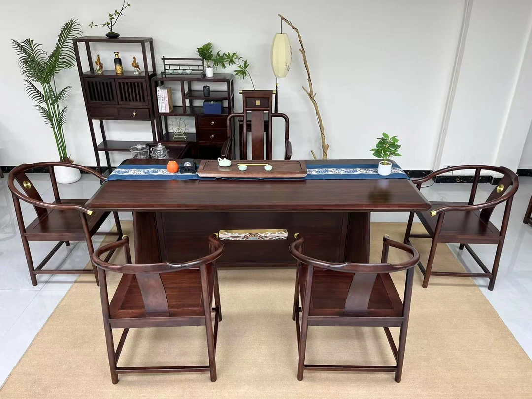 新中式乌金木实木大板茶台茶桌椅组合办公家用一桌五椅茶几泡茶台