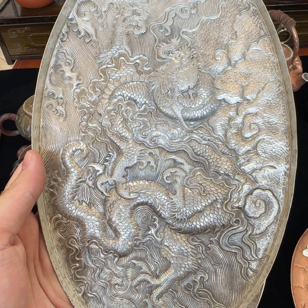龙茶盘椭圆铜包银