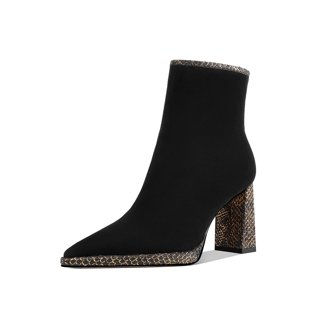 2025蛇年新款黑色百搭高跟短靴尖头秋冬绒里时尚加绒冬季