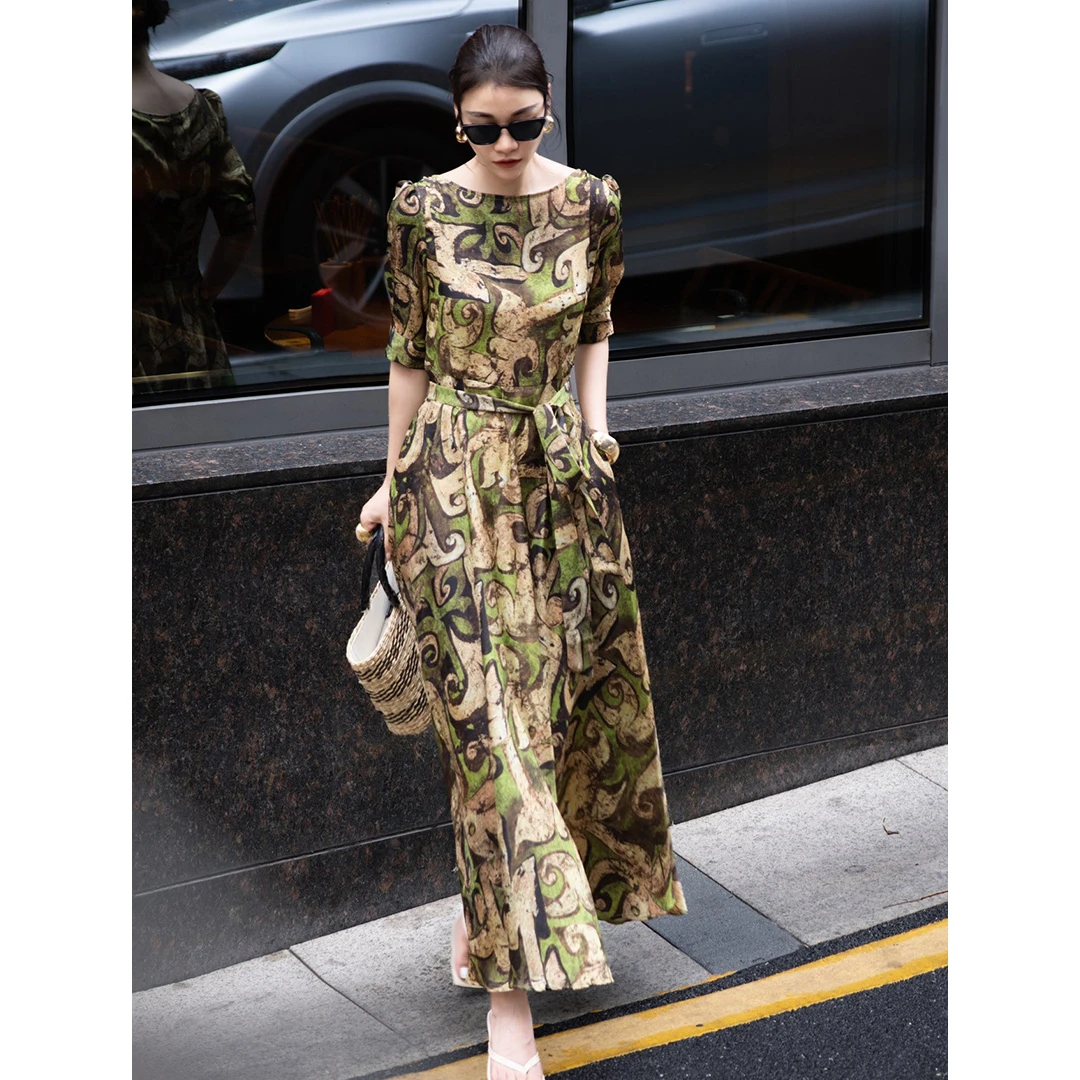 夏季复古印花系带度假风收腰大摆显瘦浪漫气质长裙一字肩连衣裙女