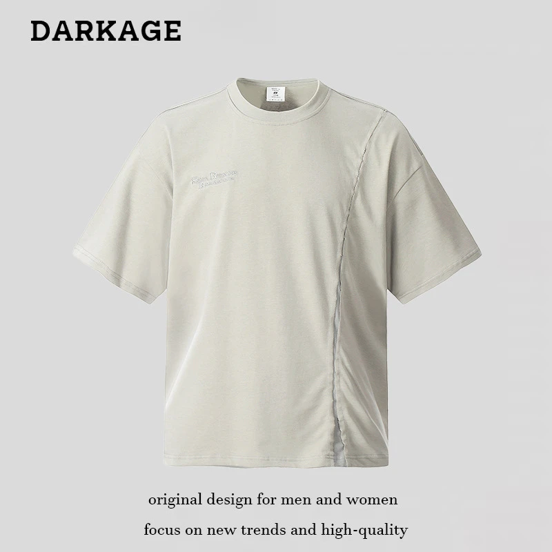 美式复古cleanfit解构剪裁拼接刺绣短袖T恤vibe风设计感半袖上衣t