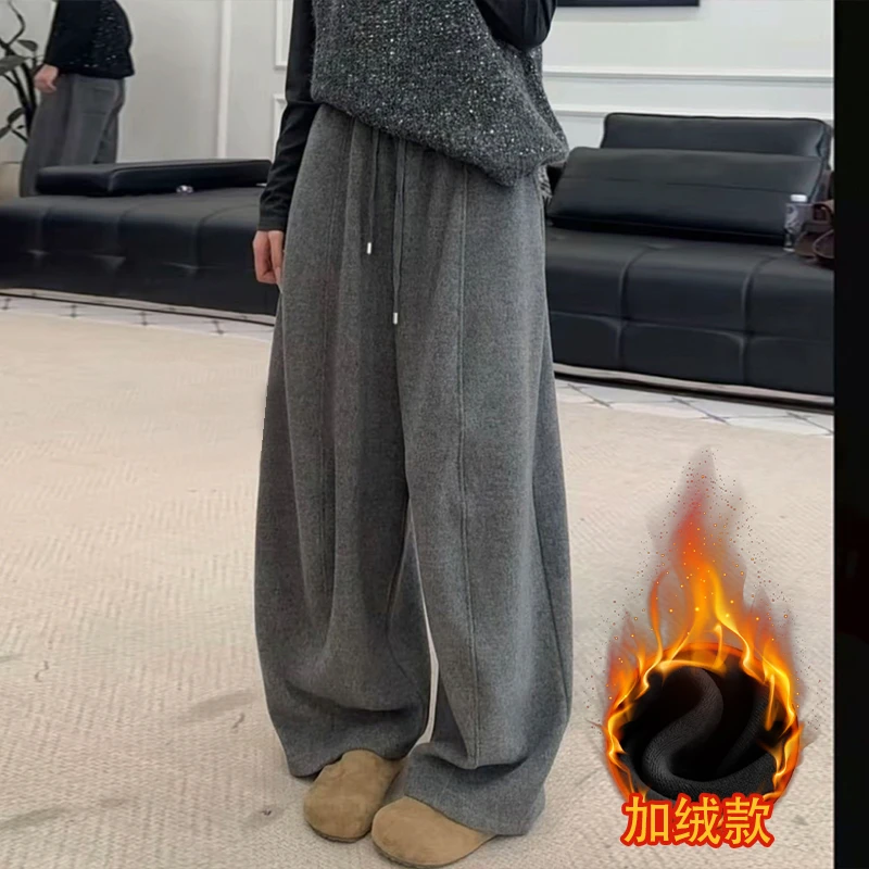 冬季加绒加厚弯刀束脚裤女小个子宽松加绒宽松阔腿香蕉束脚运动裤