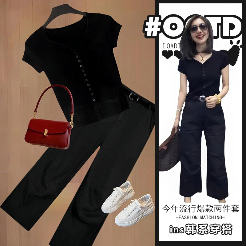 欧货穿搭套装女夏季新款法式气质黑色显瘦上衣高腰遮胯百搭休闲裤