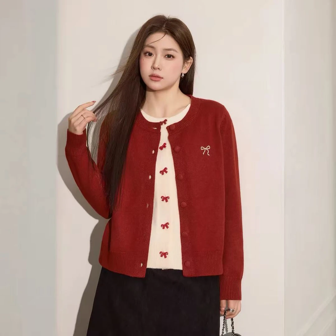 修身型针织宽松型蝴蝶结毛针织衫圆领假两件上衣