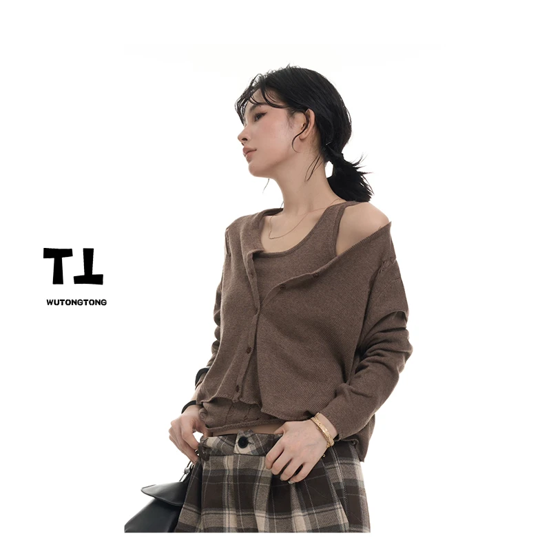 现货【奥法画廊】秋季针织长袖开衫背心两件套女薄款百搭套装62582