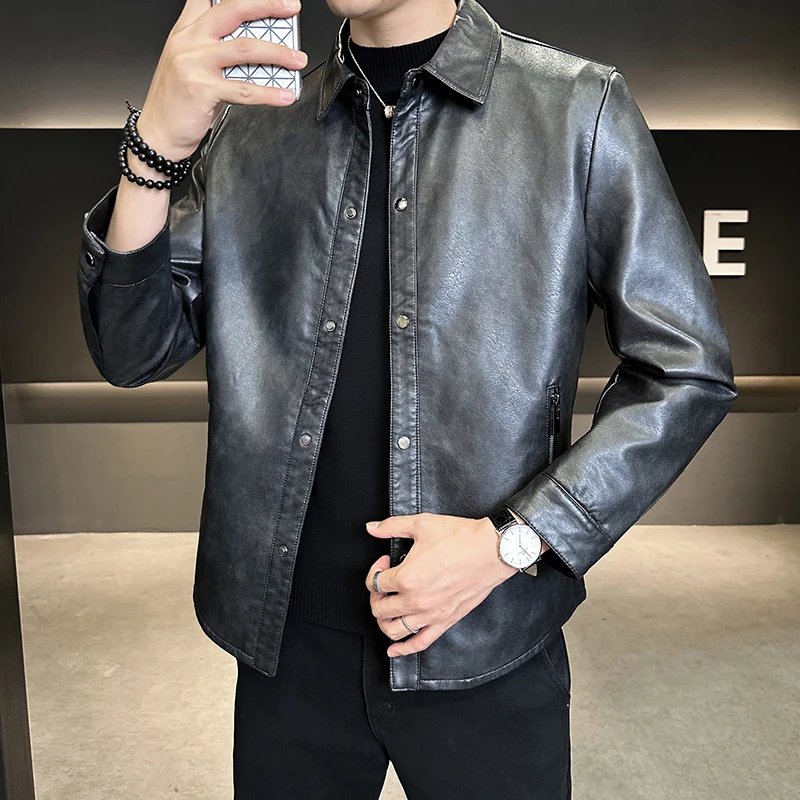 稻草人2025新款皮衣男复古黑色经典小翻领皮衬衫潮酷秋冬皮衣夹克