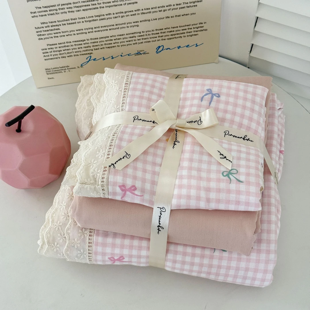 小玲子 彩格蝴蝶结 全棉双层纱三件套四件套 花边印染工艺 小清新