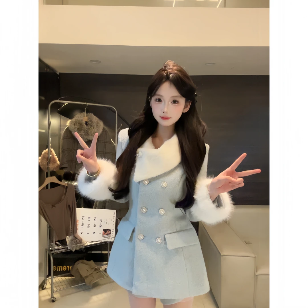 梵高之梦气质撞色毛领袖口设计外套＋短裤两件套