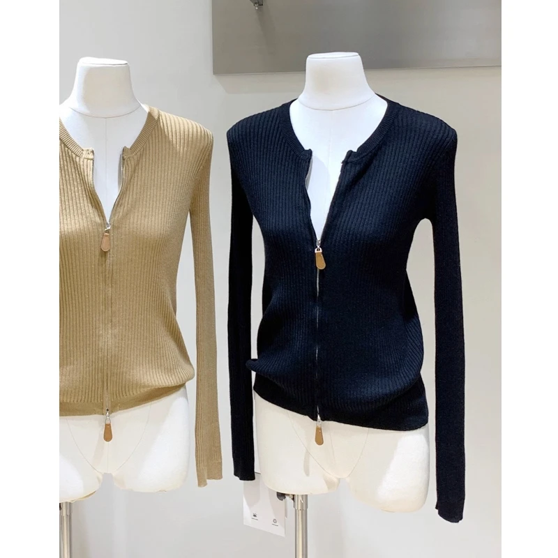 美式复古显瘦针织衫女秋冬季2025新款设计感别致拉链圆领长袖上衣