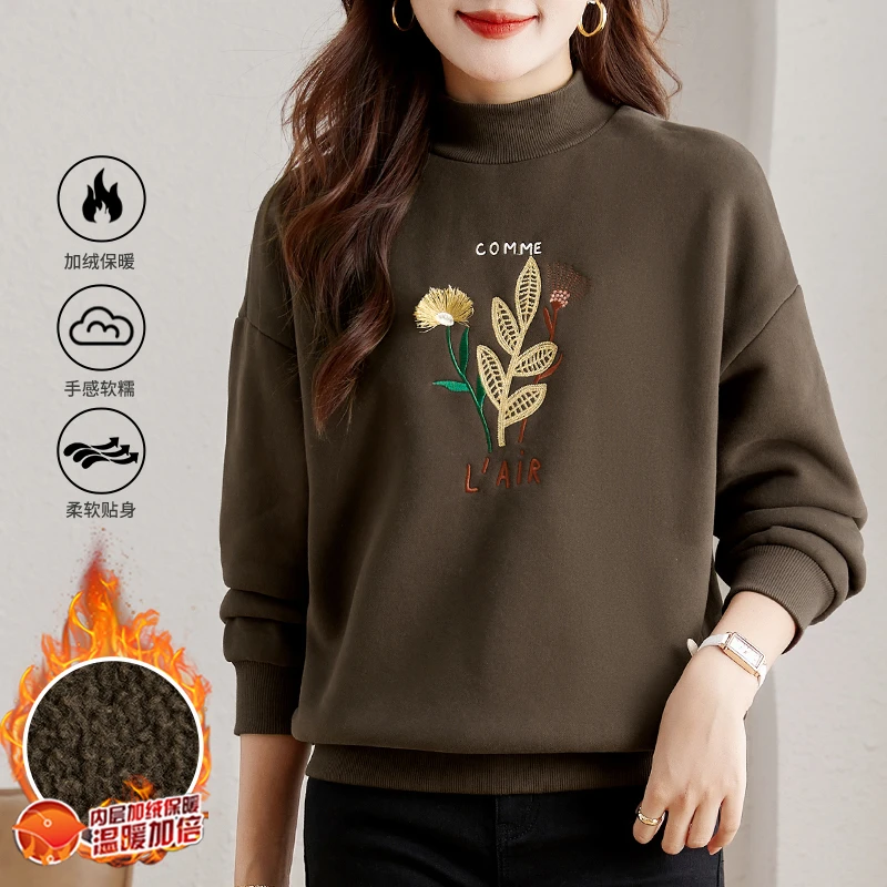 2025冬季保暖加绒半高领套头卫衣女宽松百搭显瘦加厚长袖上衣