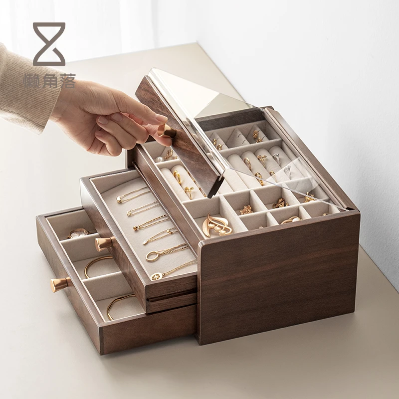 懒角落首饰盒收纳盒实木高档精致手饰品项链耳钉耳环抽屉内大容量