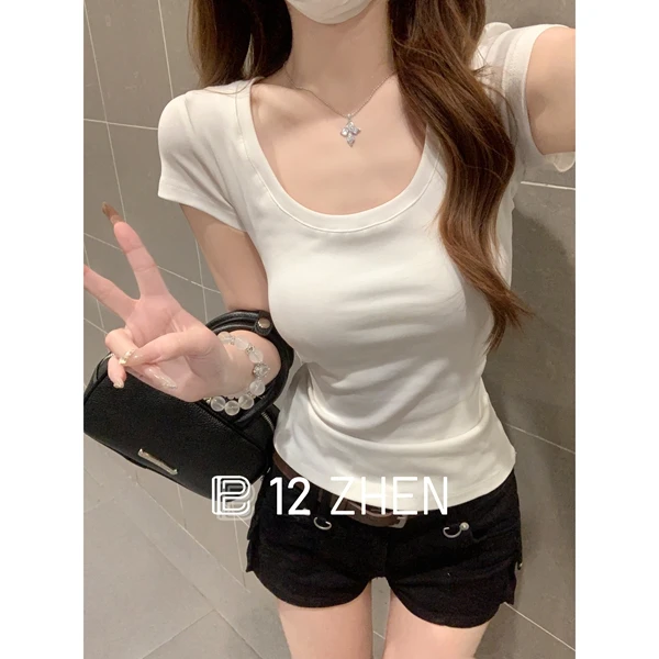 2025春夏韩版u领修身基础百搭显瘦设计感气质简约短袖T恤上衣女