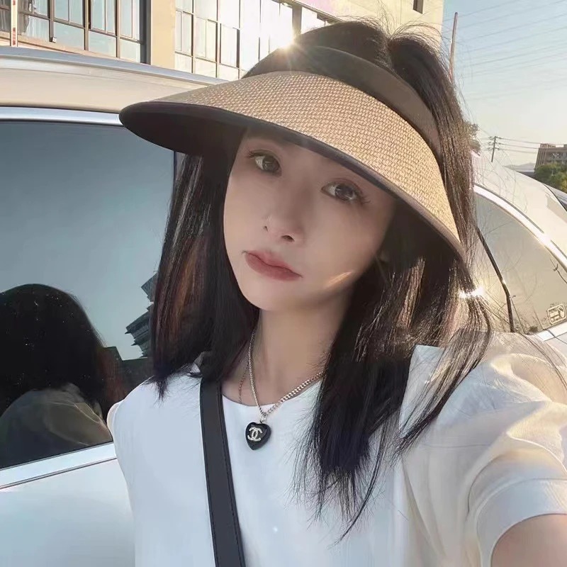 夏季ins遮阳黑胶帽韩版空顶防晒帽网红大檐女草帽时尚发箍太阳帽