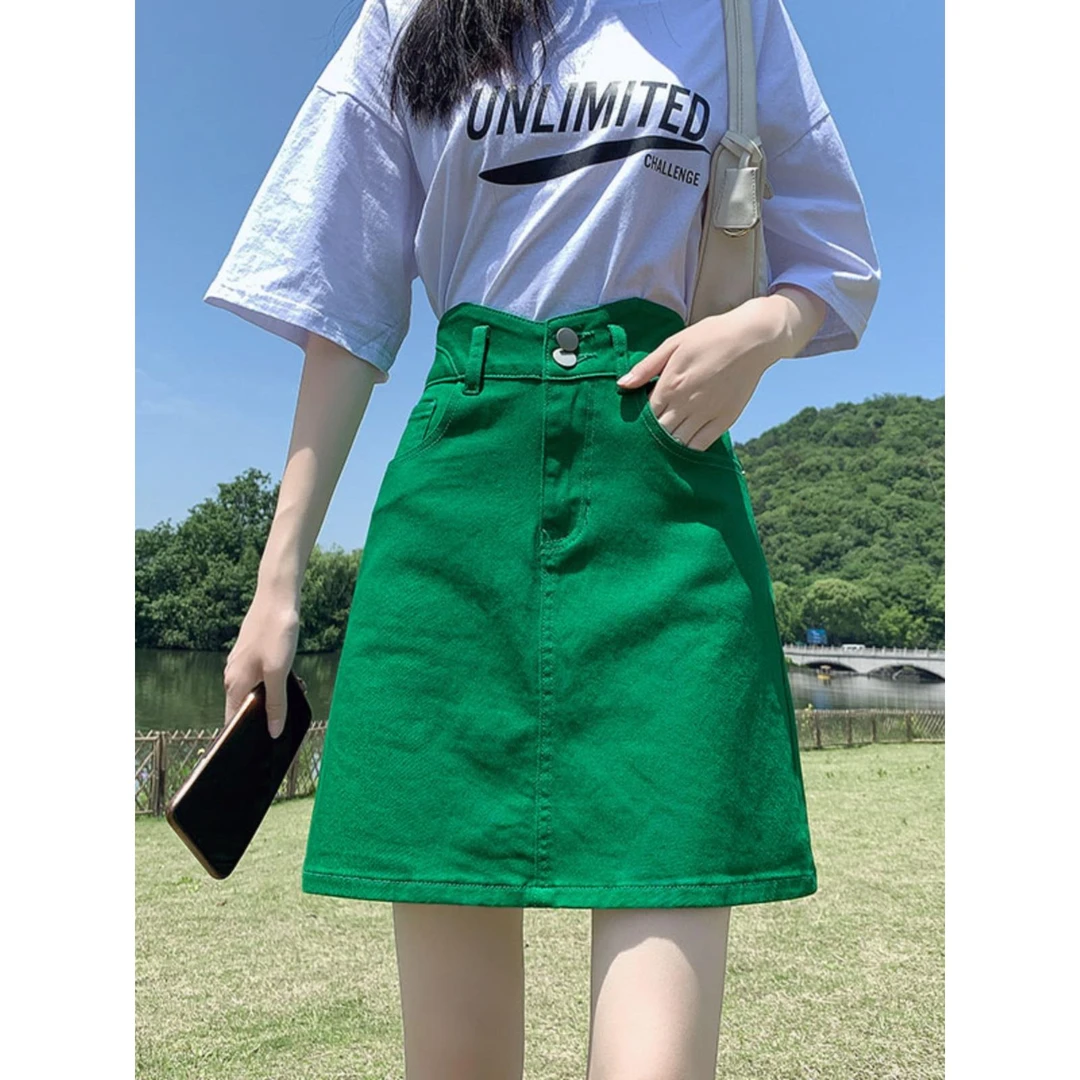 夏季清新绿色a子短裙2025夏季新款高腰百搭显瘦糖果彩色包臀短裙