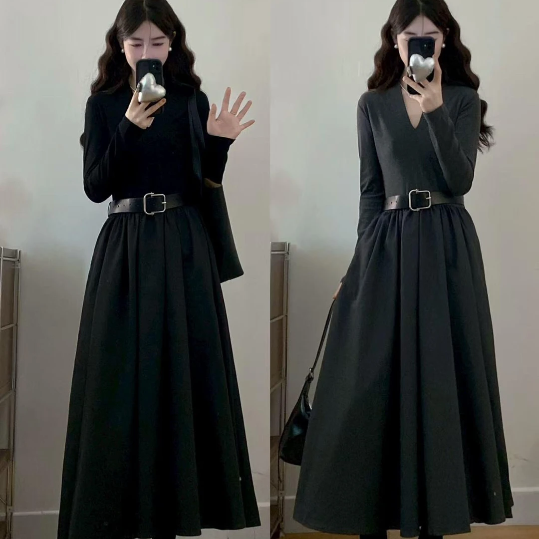 大码韩版chic 高级感简约V领拼接时尚气质百搭连衣裙配腰带