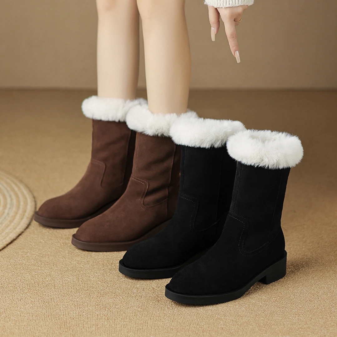跟高4cm/牛反/冬季时尚中跟毛毛靴黑色中筒雪地靴加绒女靴厚底