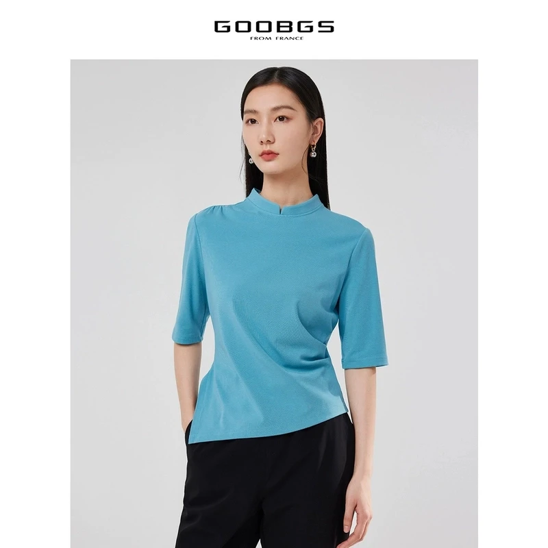 【丽姐甄选】谷邦GOOBGS 蓝色立领短袖针织衫 G3132742