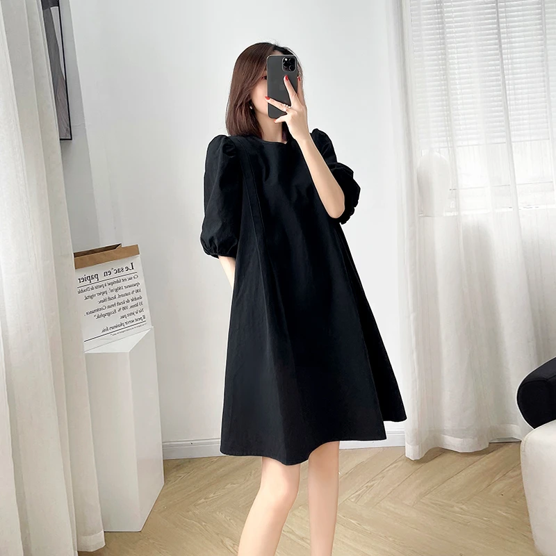 玖姿正品2025新款女装夏季宽松显瘦中长款连衣裙女圆领灯笼袖赫本