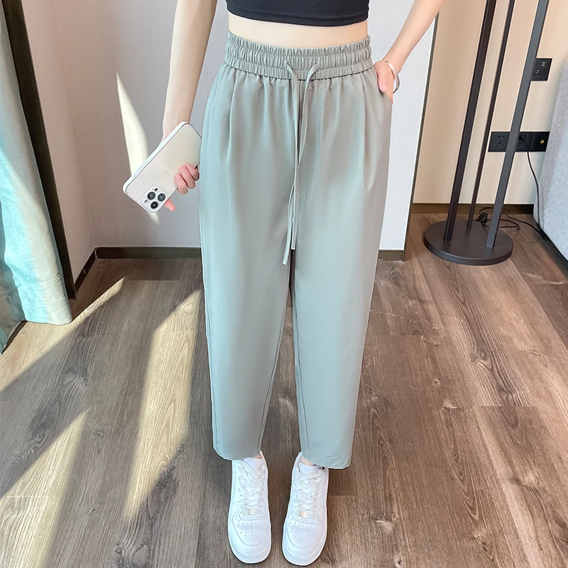 2025新款弯刀运动裤女夏季薄款速干冰丝哈伦裤直筒宽松休闲九分裤