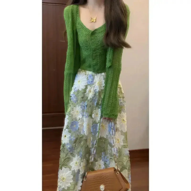 秋季法式温柔绿色针织内搭吊带&开衫外套&水溶蕾丝半身裙套装8758