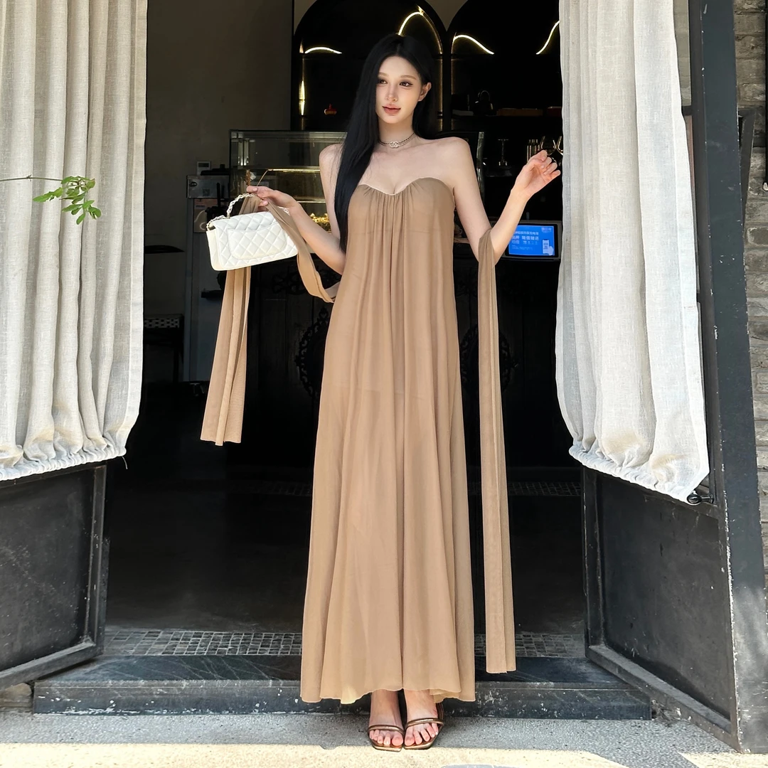 Malou 邂逅缪斯女神复古温柔棕遮肉超仙网纱连衣裙女夏K25D70735