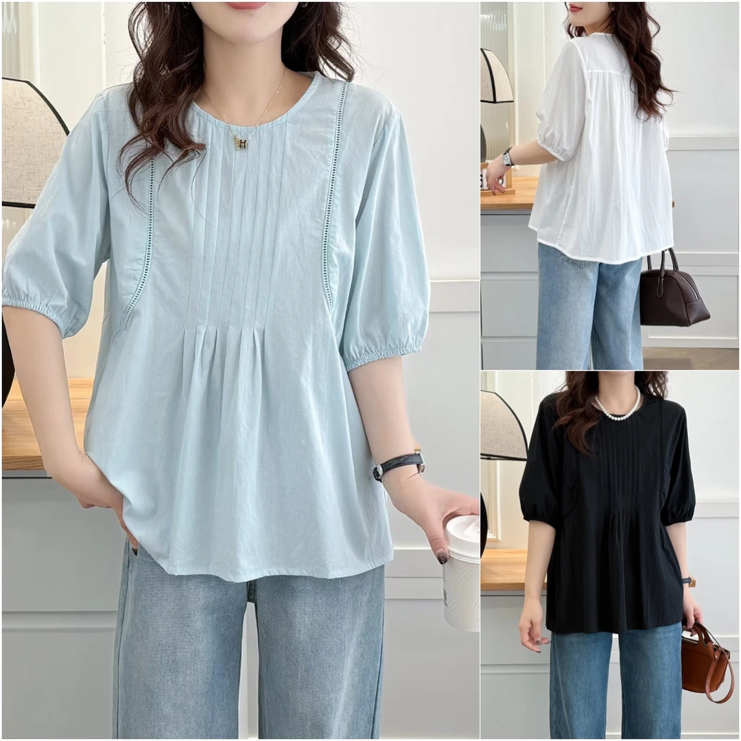 纯棉减龄微胖mm气质显瘦遮肚子藏肉大码女装短袖衬衫衬衣娃娃衫夏