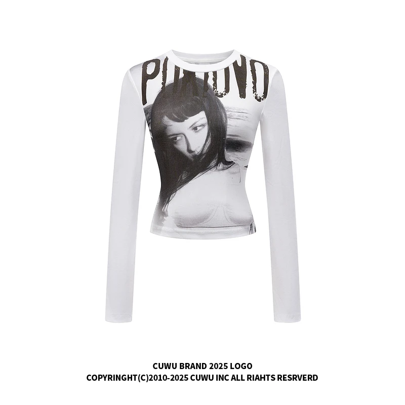 cuwu美式复古人物印花正肩修身长袖T恤女秋季辣妹紧身显瘦上衣ins