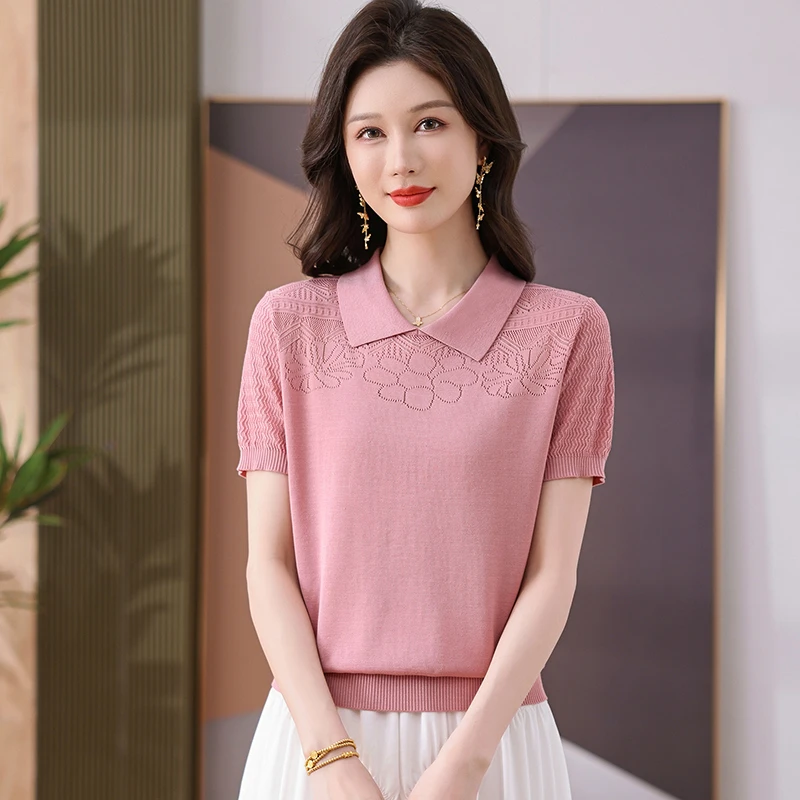 100%天丝莱赛尔短袖T恤女夏季新款气质翻领上衣百搭宽松显瘦薄款