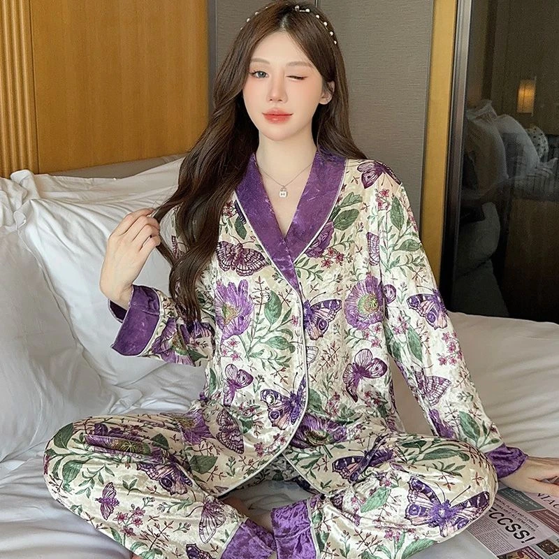 3708春季新款双排扣新中式轻奢冰雪丝家居服两件套睡衣