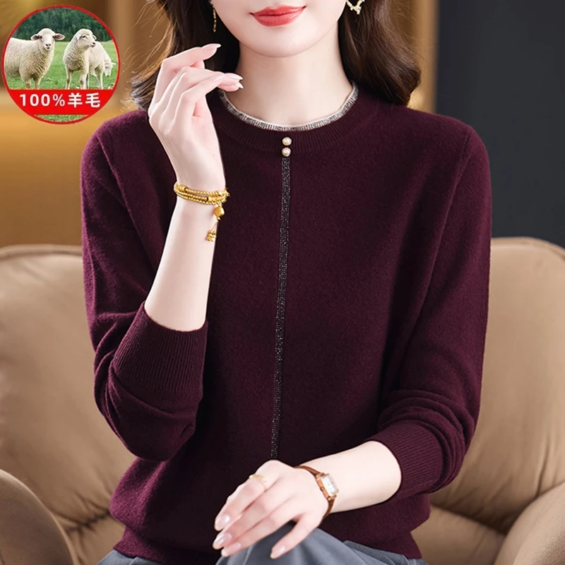 秋冬新款中年女士圆领时尚休闲100%绵羊毛针织妈妈装高档纯羊毛衫