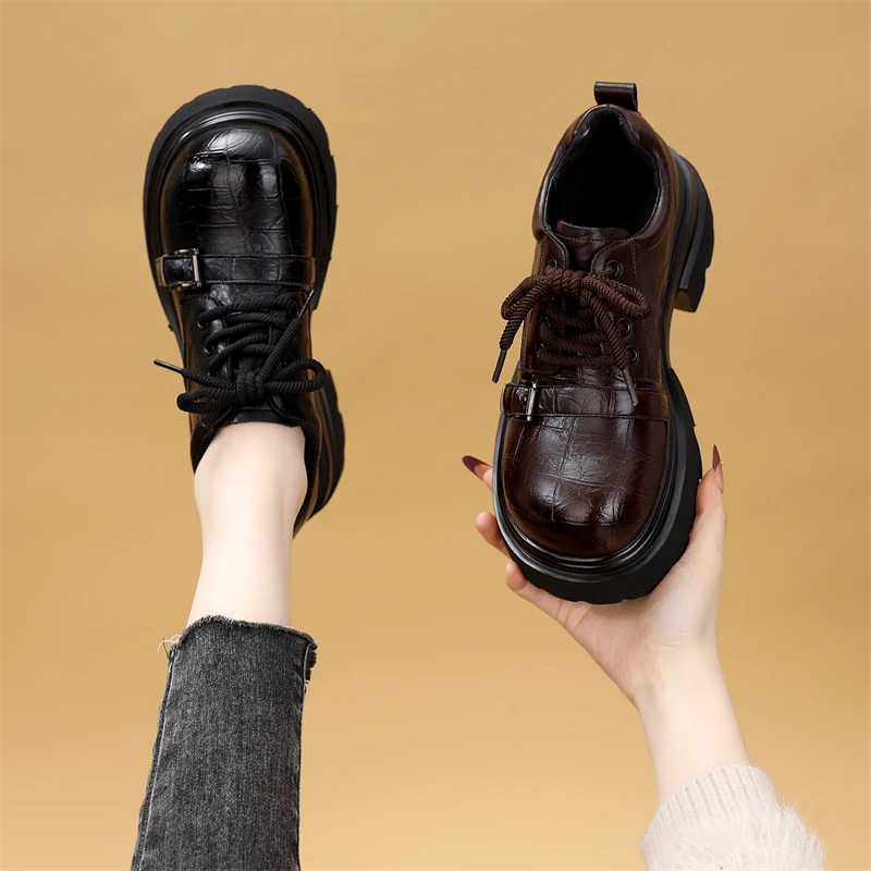 厚底增高乐福鞋女款2025冬季新款加绒粗跟单鞋洋气黑色圆头小皮鞋