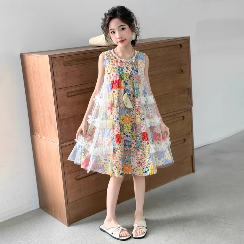 女童夏装背心连衣裙2025新款儿童洋气碎花裙子夏季大童无袖公主裙