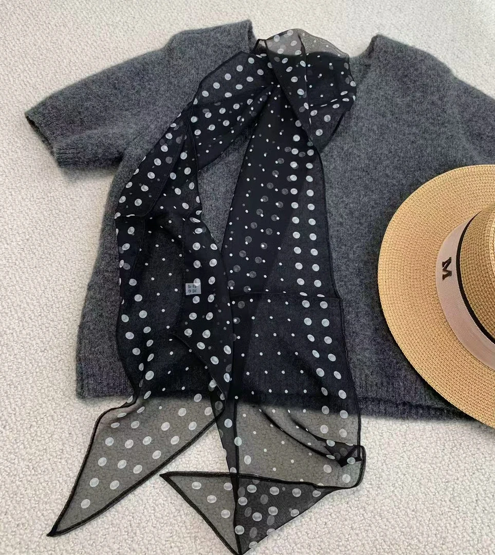 20乘150尺寸珍珠之结 法式浪漫波点轻薄透气桑蚕丝乔其纱长条围巾