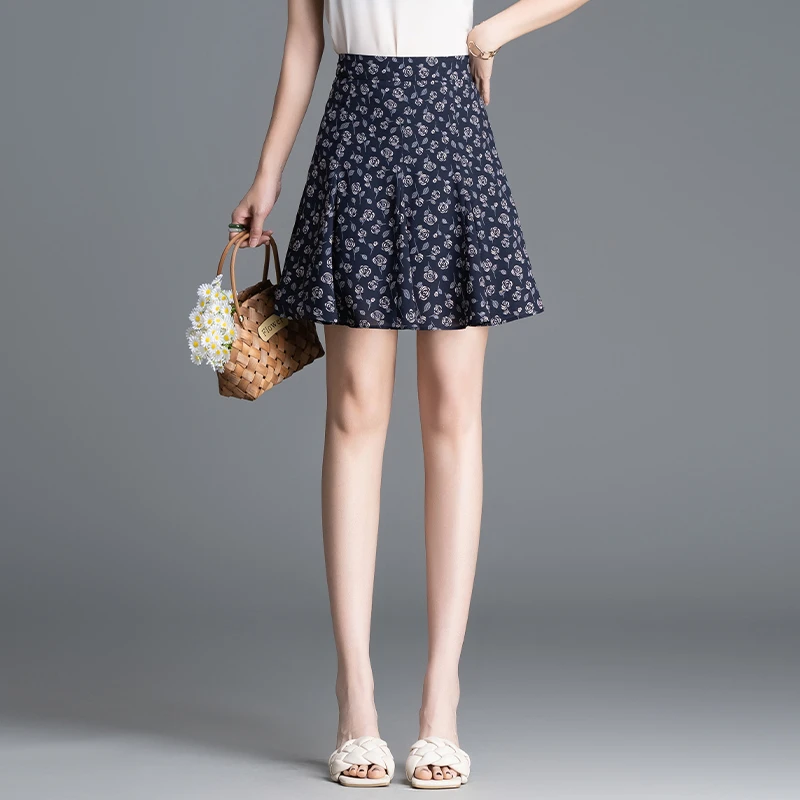 2025新款韩版a字裙高腰百褶裙子百搭玫瑰花伞裙碎花短裙91051