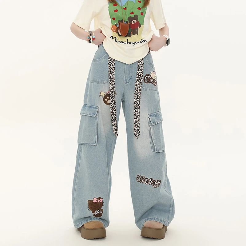 300斤大码美式复古卡通印花工装牛仔裤秋季新款宽松显瘦阔腿裤
