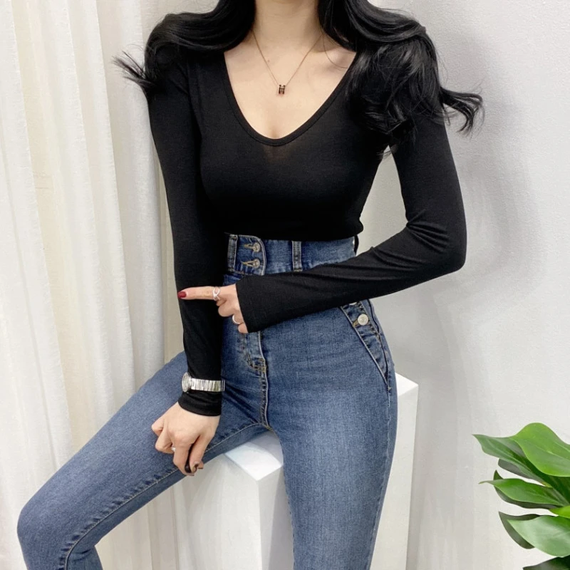 有货Korea洋气百搭弹力打底修身显瘦内搭长袖T恤上衣~前后两穿