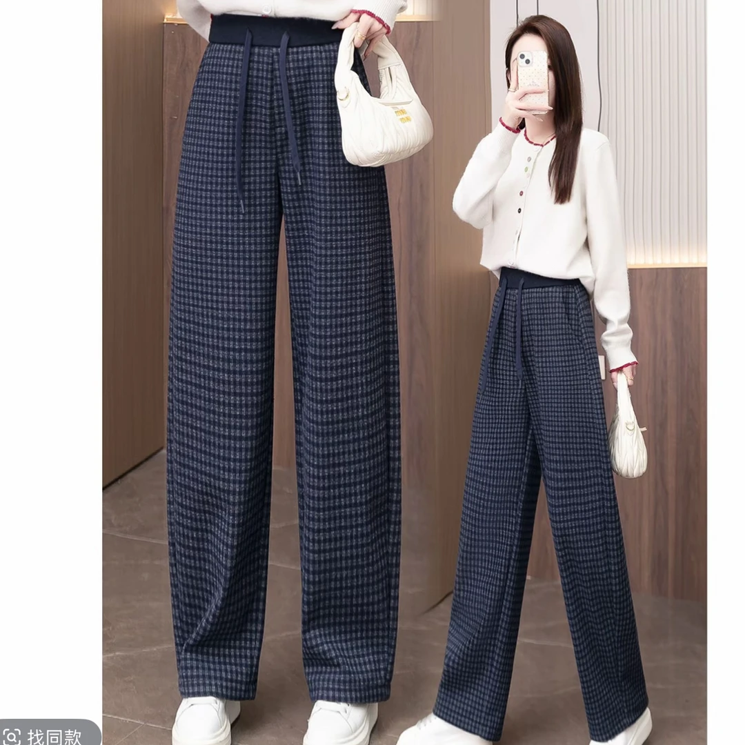 1520#-3【裤长约98】秋冬新款松紧腰加厚显瘦垂感格子直筒裤