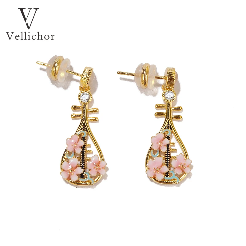 铜合金耳饰 国风粉色桃花琵琶耳环女文艺轻奢耳钉