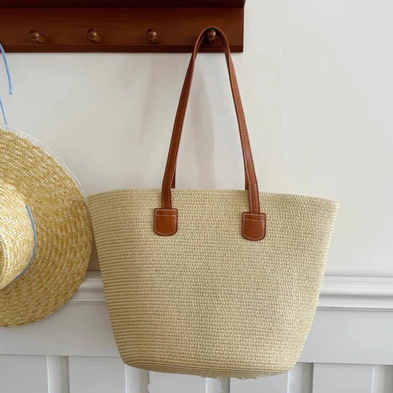 单肩包百搭编织小众简约桶包拉链耐脏草编包编制托特包